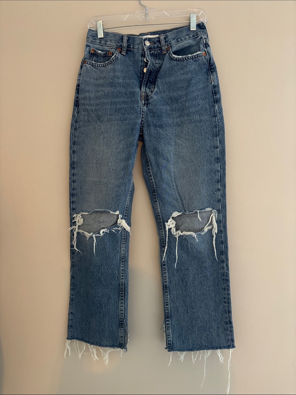 Topshop Women’s Distressed Dad jeans Blue High-Rise Straight Jeans